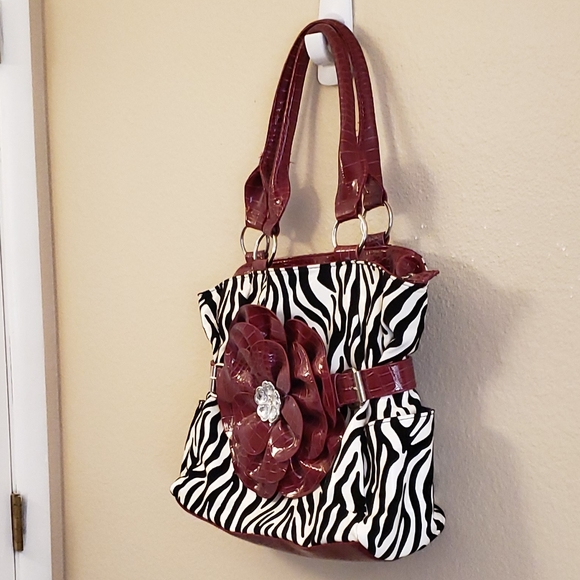Zebra print with red flower purse bag - Picture 2 of 7